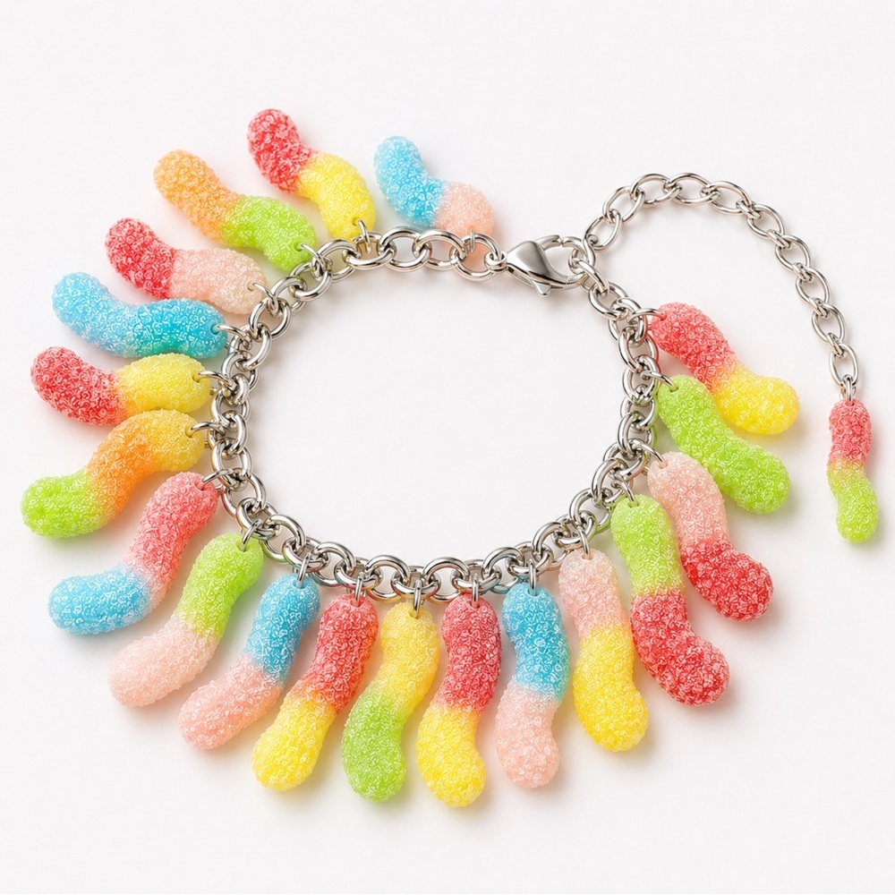 NWT Sour Gummy Worm Chunky Charm Bracelet - Handmade - Adjustable Fit - Colorful